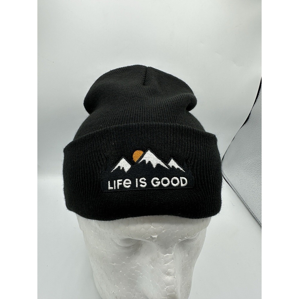 Life Is Good Tahoe Cuff Beanie Hat Black Mountain Graphic One Size NWT